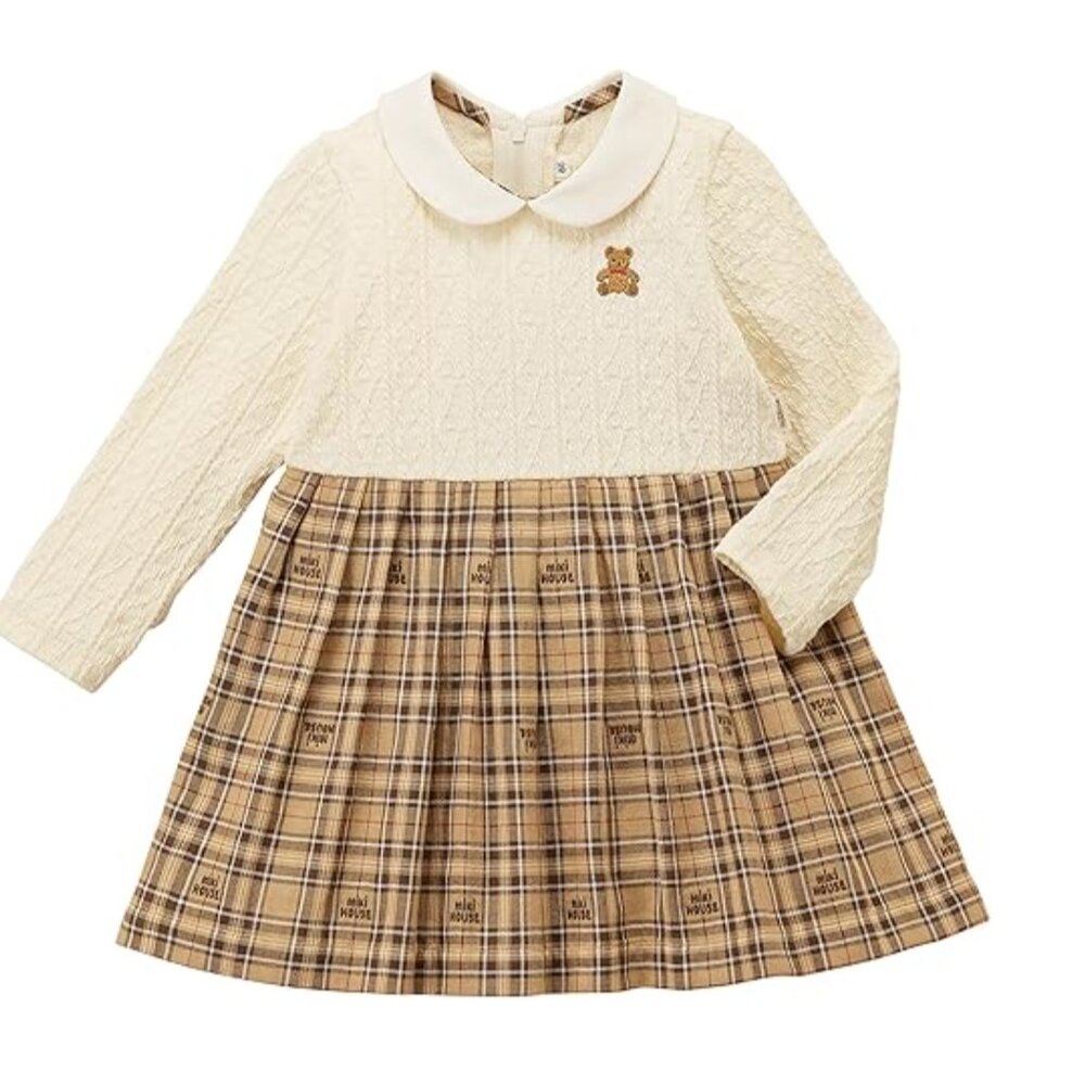 Miki House 13-1901-571 Dress, Long Sleeve Cable Knit, Collar, Teddy Bear Emblem